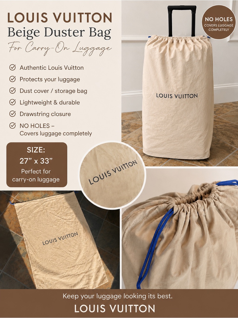 Louis Vuitton Beige duster bag for carry-on luggage 27x33”